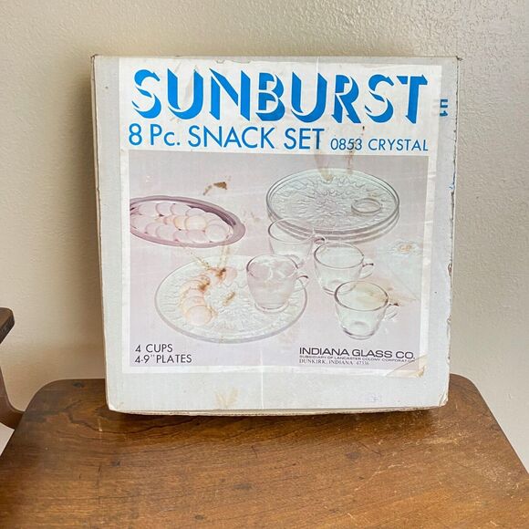 Vintage In Box Indiana Glass Sunburst Crystal Clear Plate & Cup Snack Se… - Picture 1 of 10